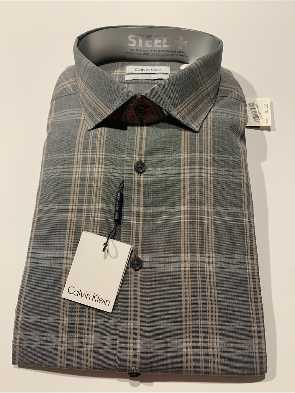 Calvin Klein Men's Slim Fit Grey Plaid Dress Shirt with Tan Accents. 16 1/2 32/3